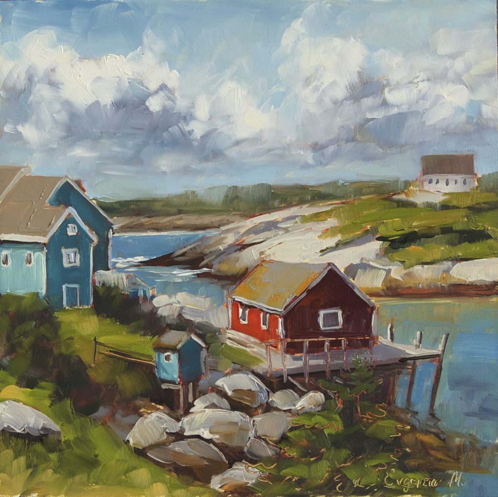 oil painting of red fish shack against the sky in Peggy's cove