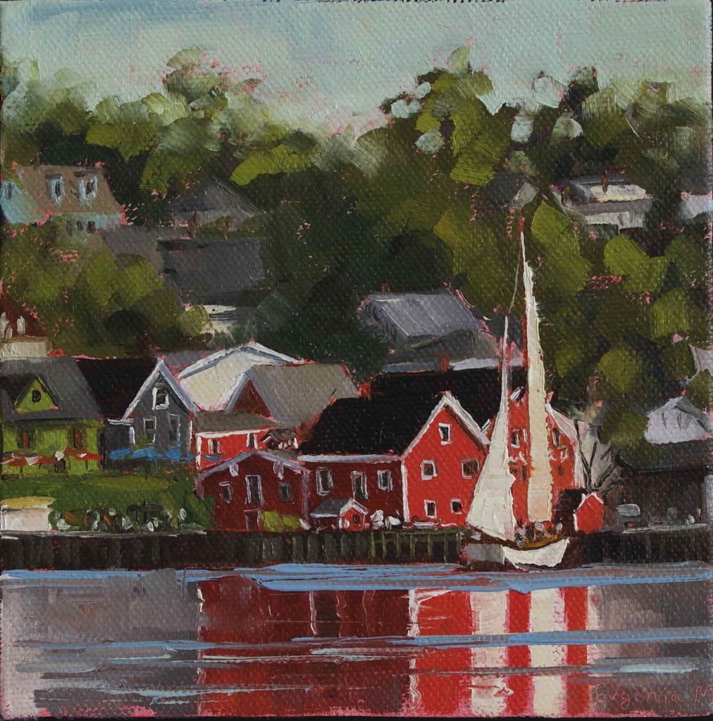 oil painting of red building in Lunenburg town and white sail boat.