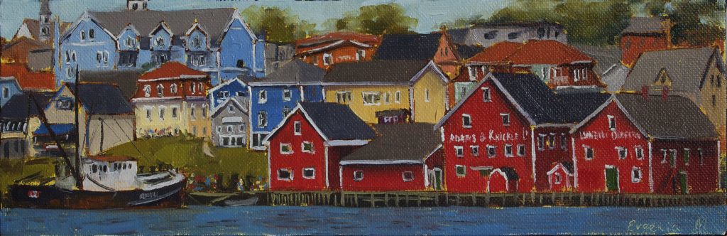 painting of lunenburg town and red buildings , long