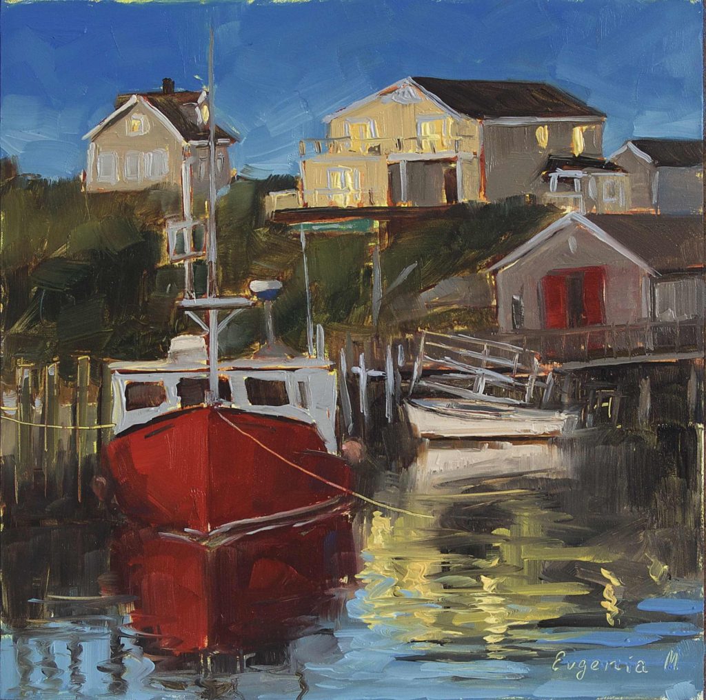 nocturne oil painting of red boat in Peggy's cove Nova Scotia
