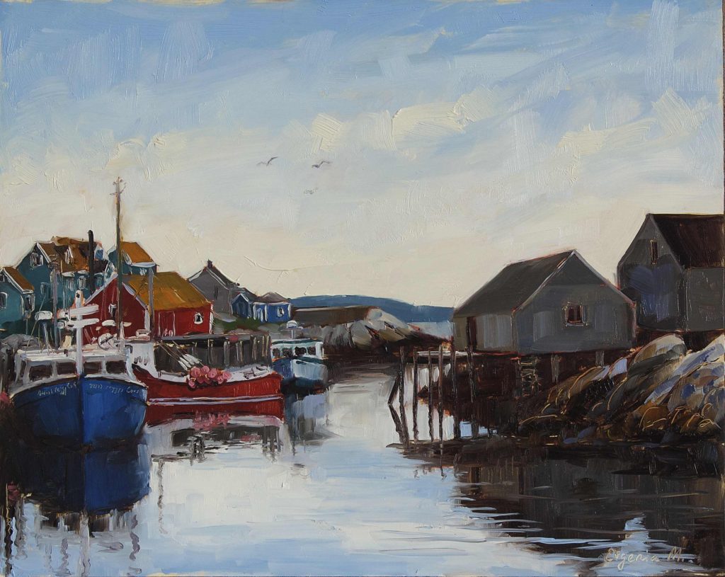 blue sky and water oil painting of Peggy's cove Nova Scotia with fishing boats and shacks