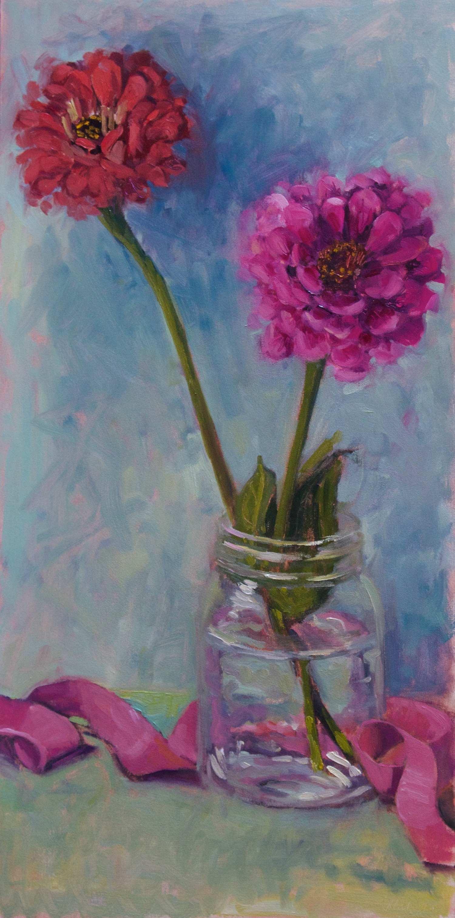 oil painting of two zinnias in glass jar
