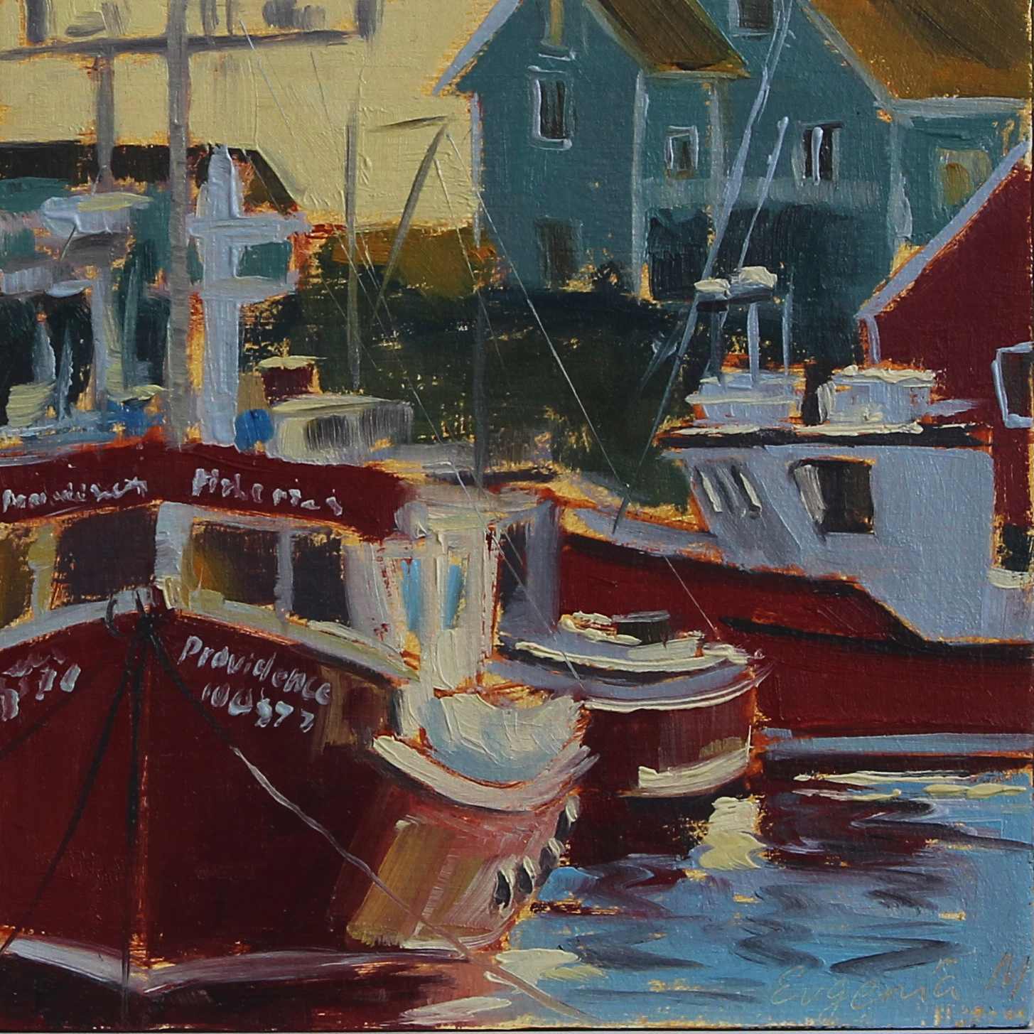 oil painting of the red boat in Peggy's Cove