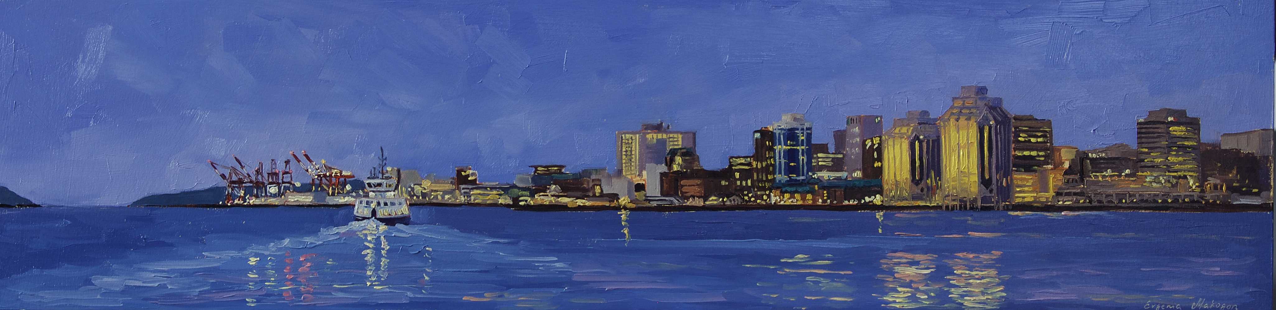 oil painting of Halifax harbour at night