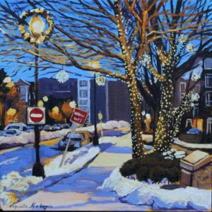 acrylic painting of halifax street early morning with street lights