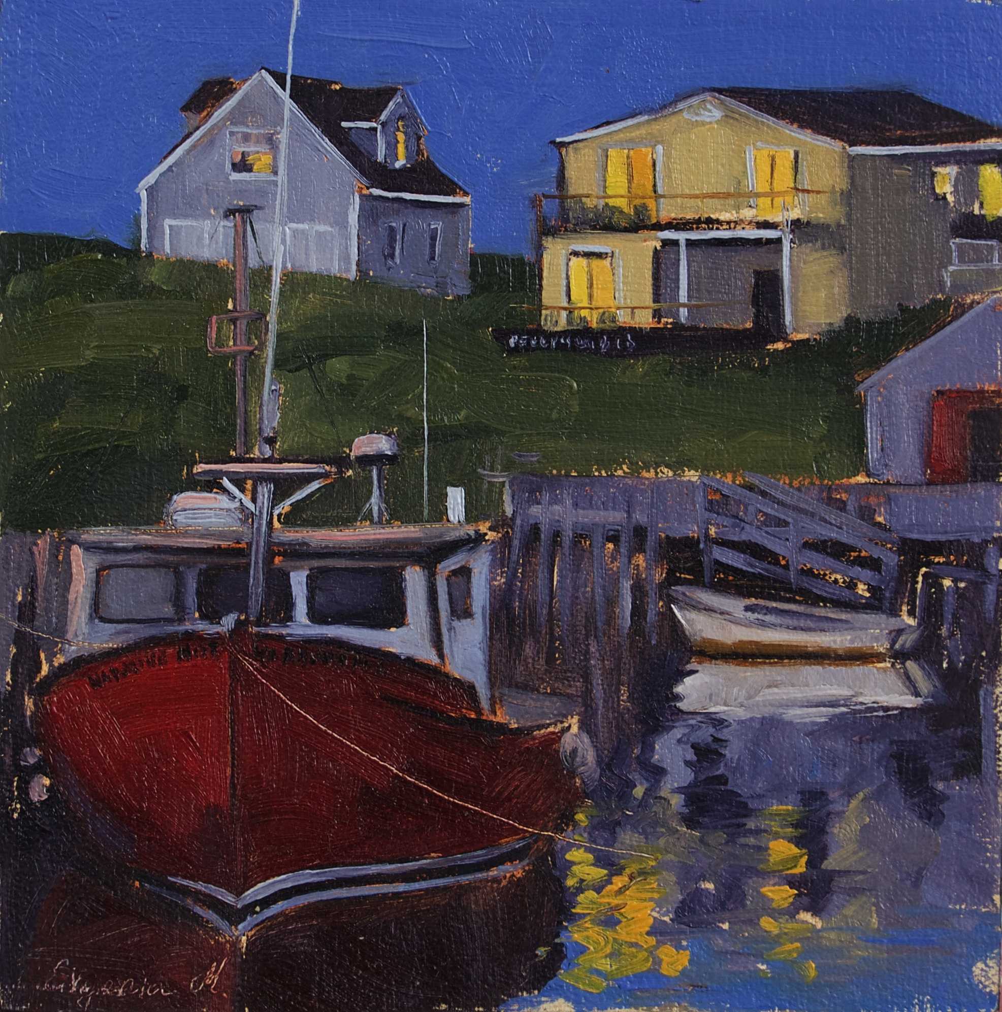 small painting of night lights at paggy's cove