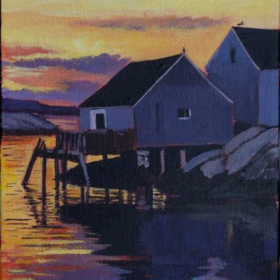 "Peggy's Cove shacks at sunset" 5X7 acrylic, SOLD
