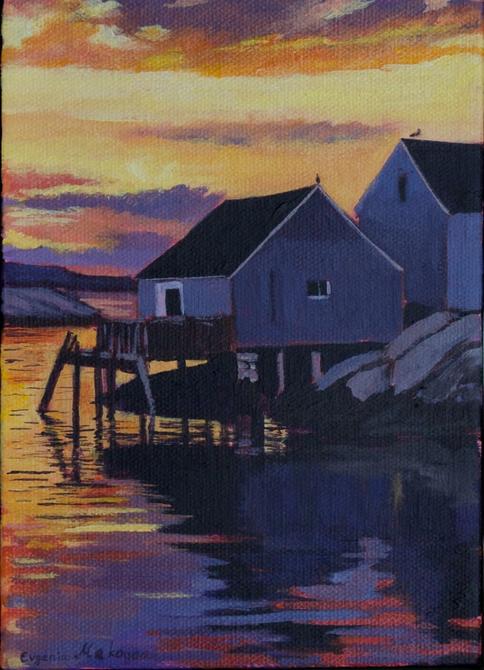 acrylic painting of sunset in Peggy's Cove Nova Scotia, fish shacks