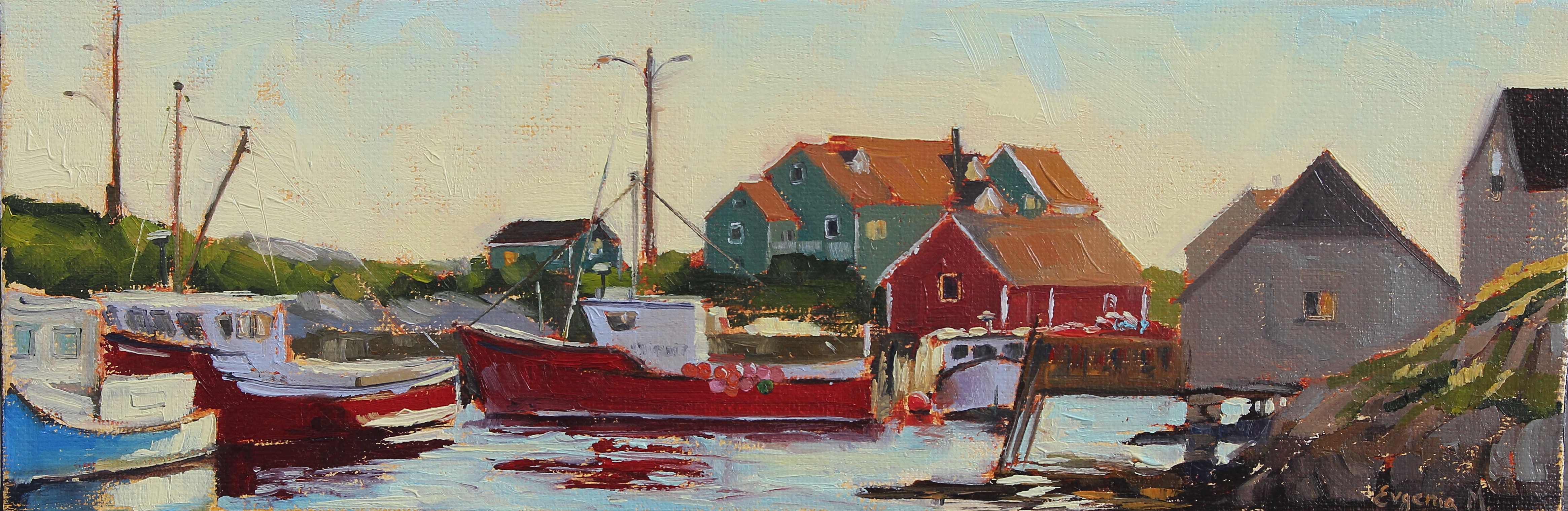 oil paintings of shacks and fishing boats in Peggy's cove Nova Scotia