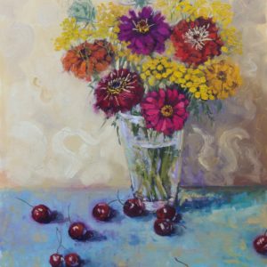 "Zinnias and cherries" 24X30 oil on canvas, $1650 contact the artist