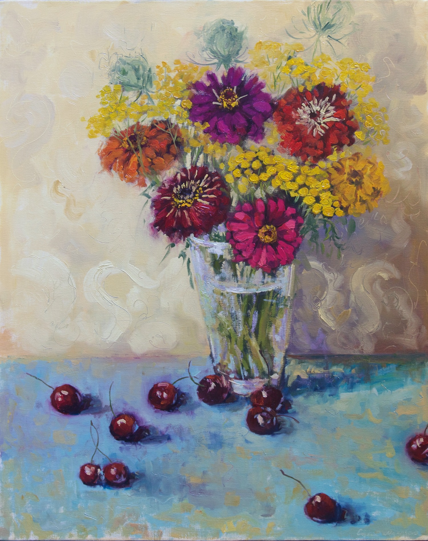 oil still life painting of charrs and zinnias