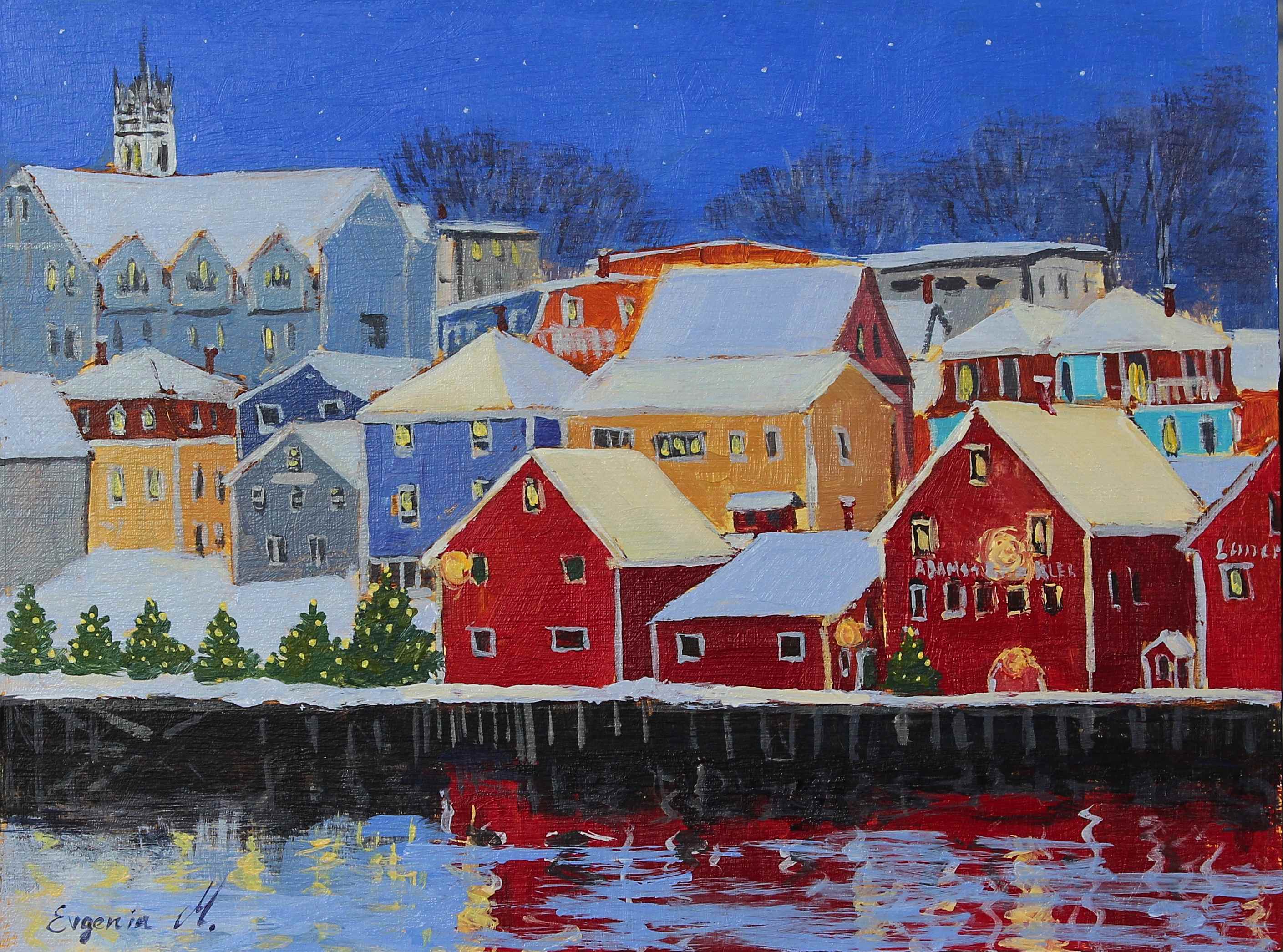 acrylic painting of Lunenburg town with snow on Christmas night