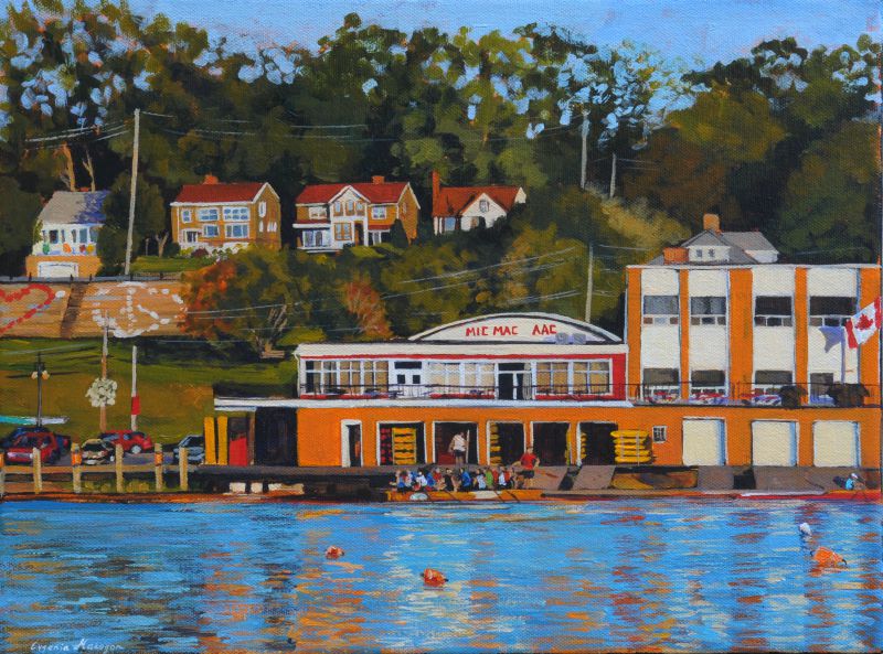 acrylic painting of mic mac aac canoe club in Dartmouth on lake Banook