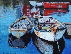 painting of two white boats side by side at peggys cove village