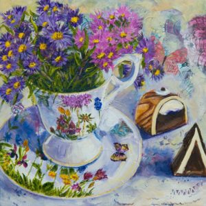 "Teacup with Asters" 12X12 mixed media, SOLD