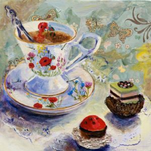 "Teacup with poppies" 12X12 mixed media, SOLD