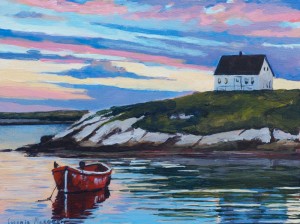 painting of colourful sunset at peggys cove village nova scotia