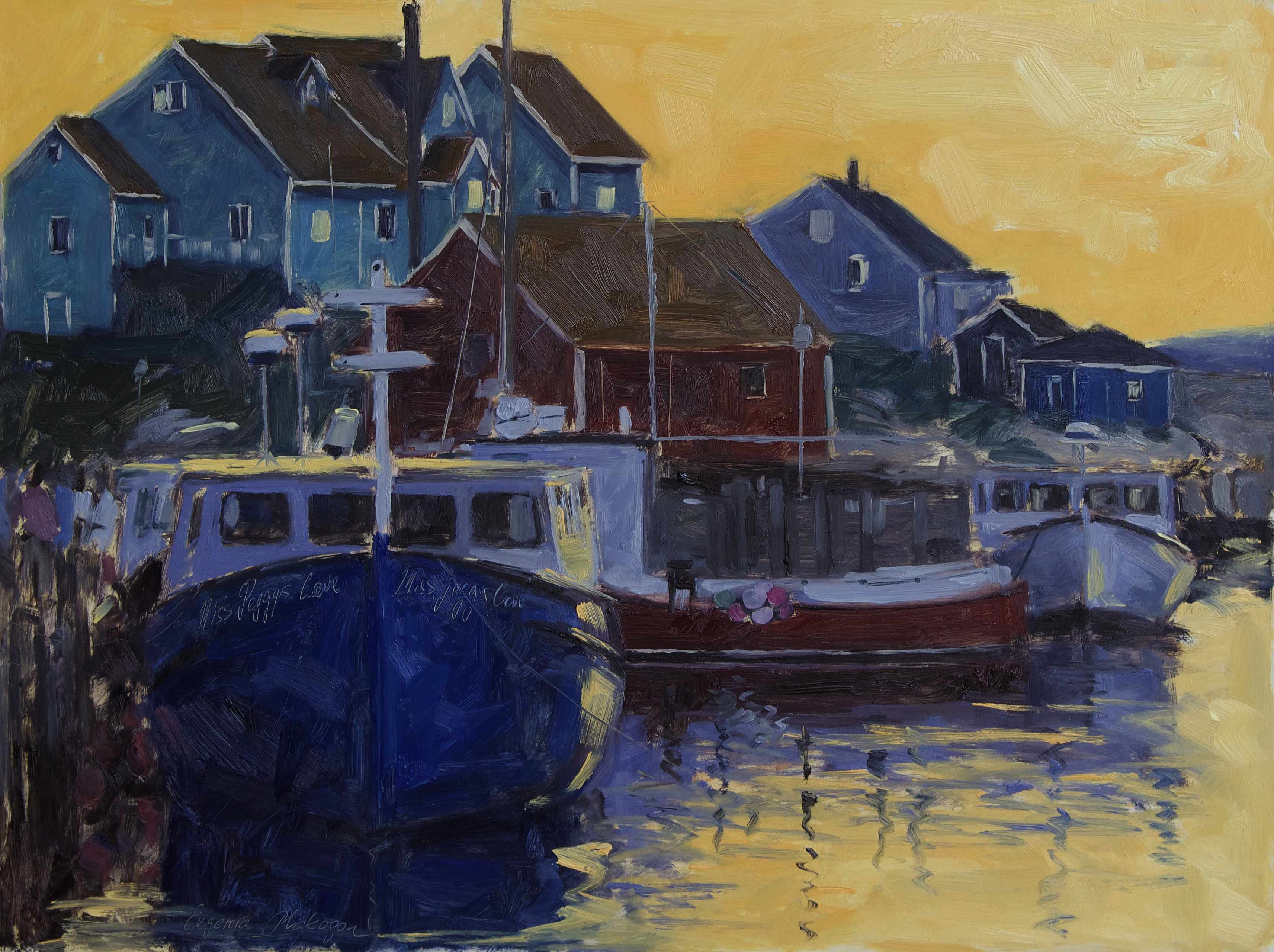 oil painting of golden sunset in Peggy's Cove