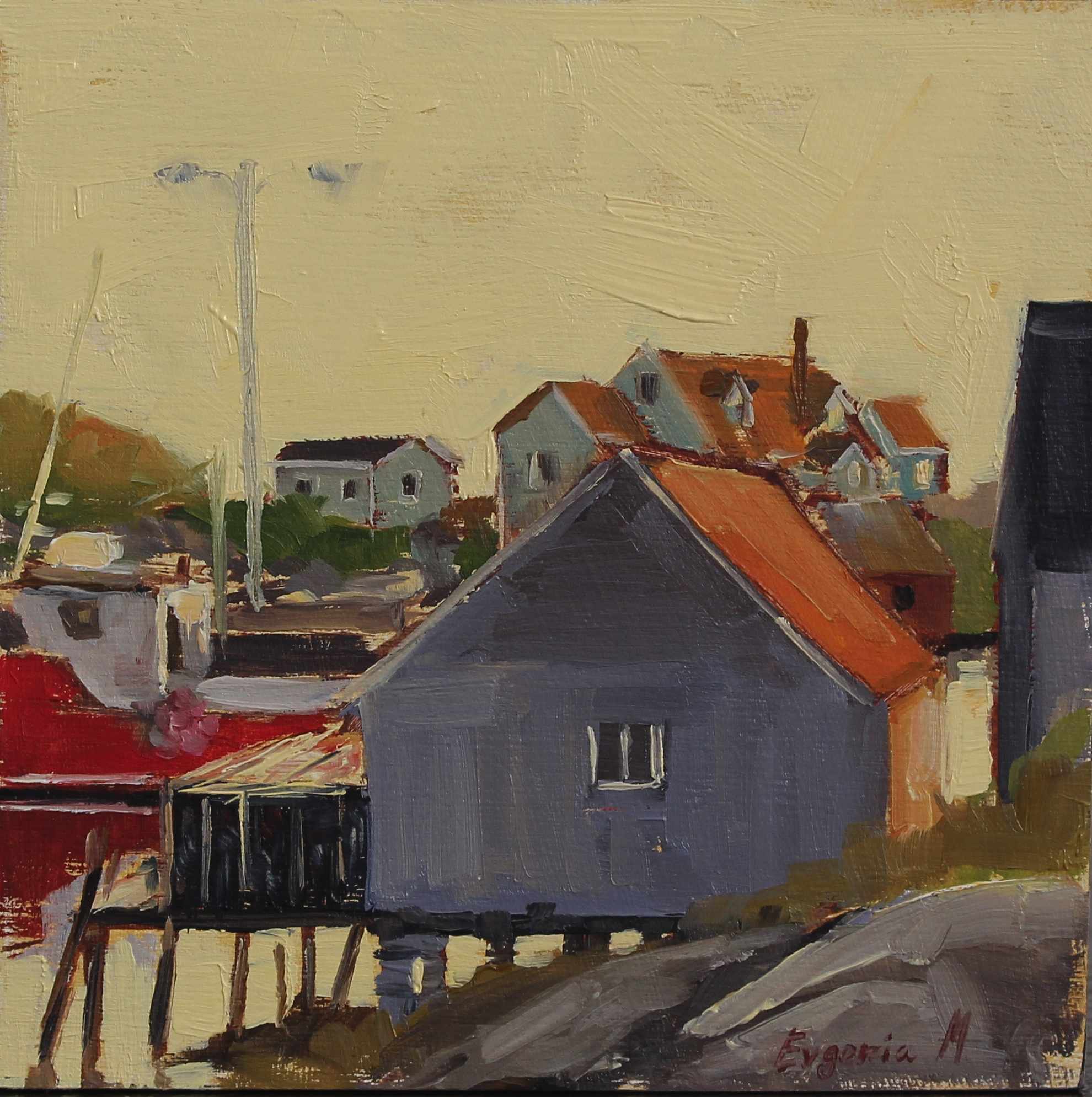 small oil painting of fish shack in Peggy's Cove