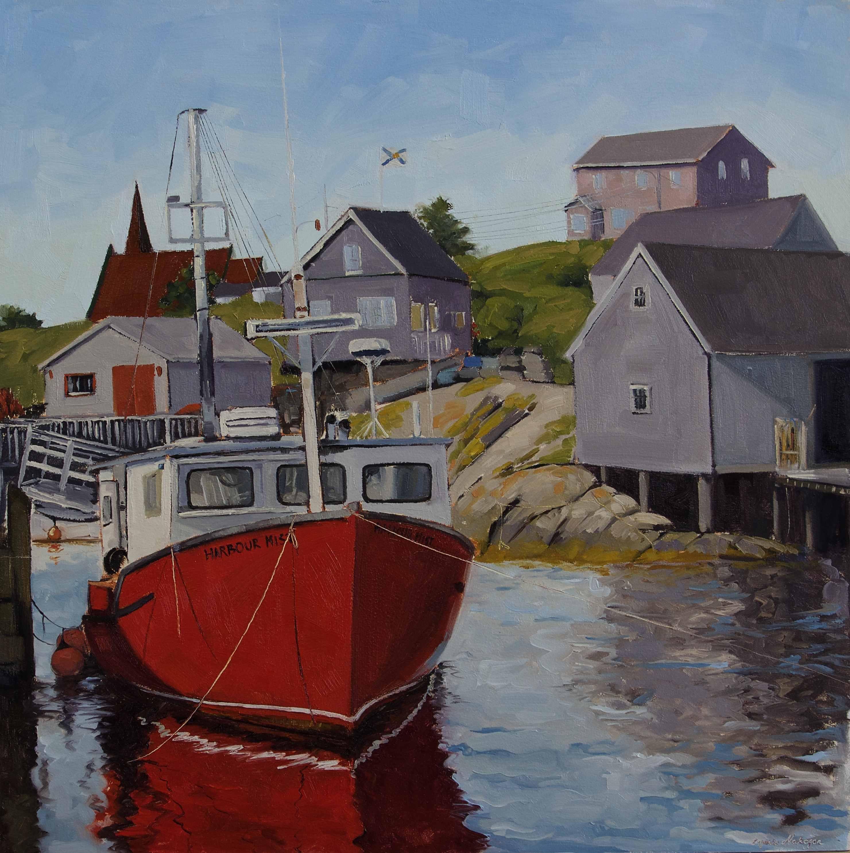 oil painting of red boat in Peggy's Cove