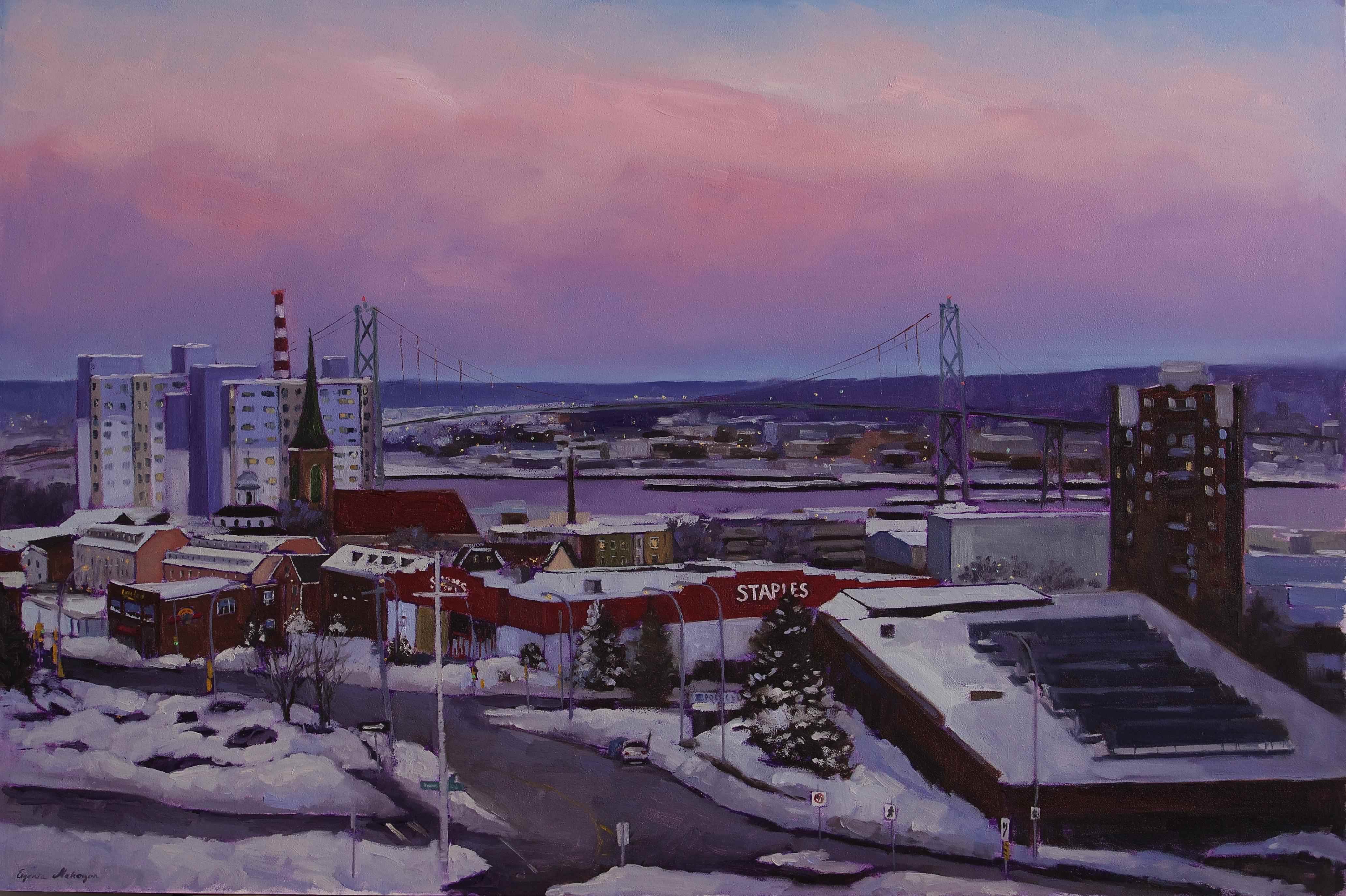 oil painting of Halifax harbour at sunrise view from citadel hill