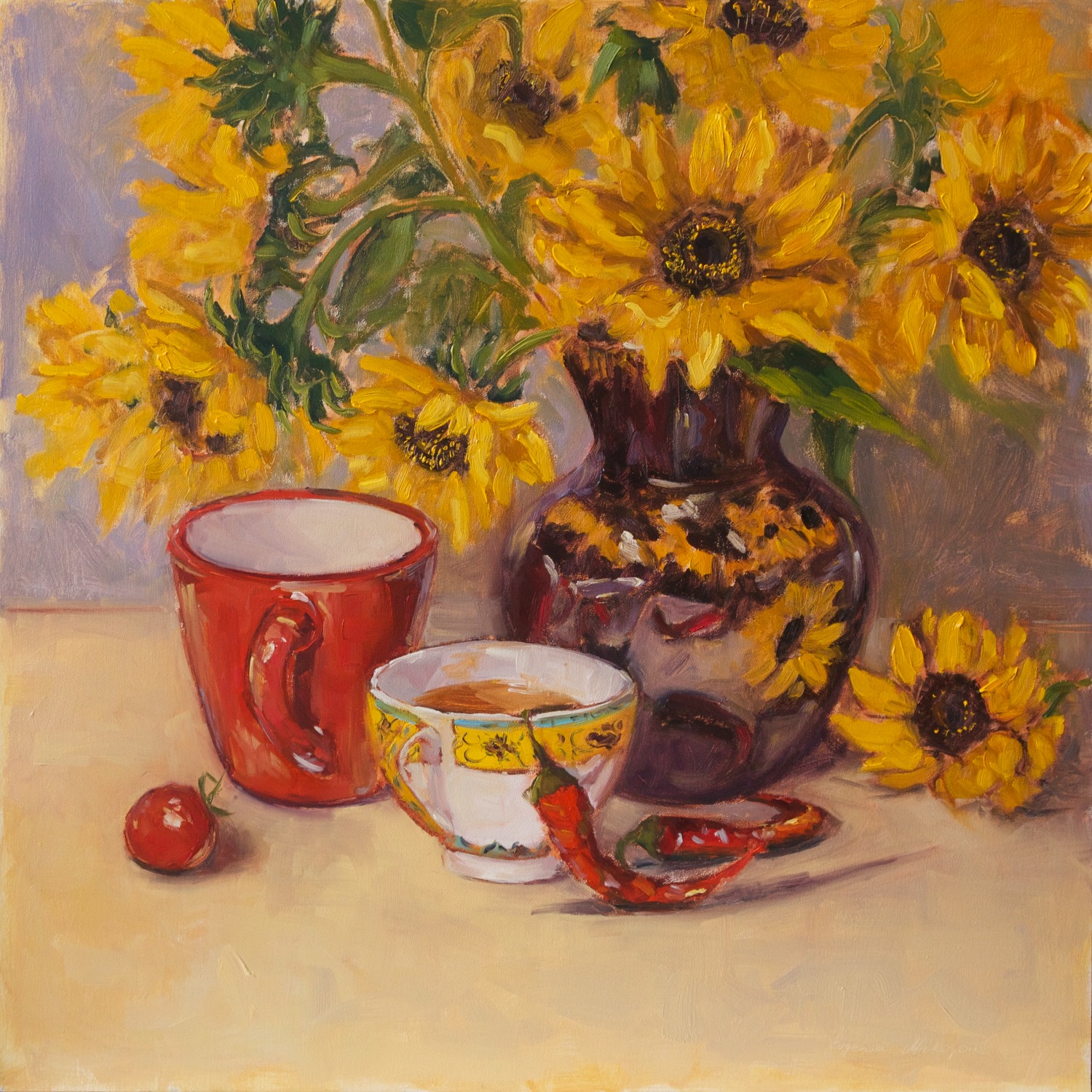 still life oil painting of sunflowers, tea, hot paper