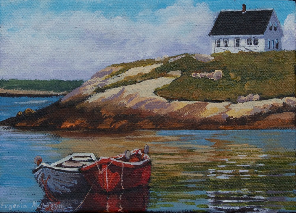 painting of two boats and white house on the hill in Peggy's cove Nova Scotia
