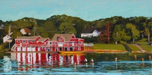 acrylic painting of lake banook in Dartmouth with red building Banook canoe club