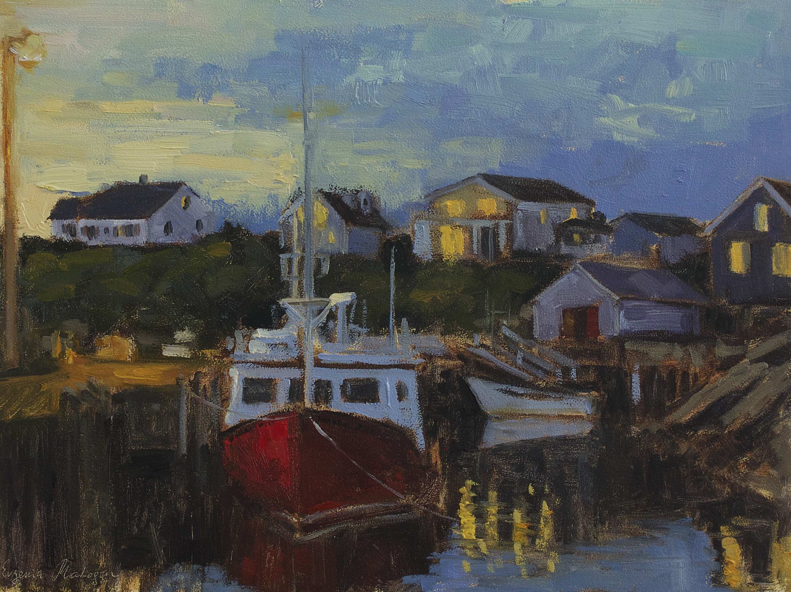 red boat in Peggy's cove at night with house with lights in window