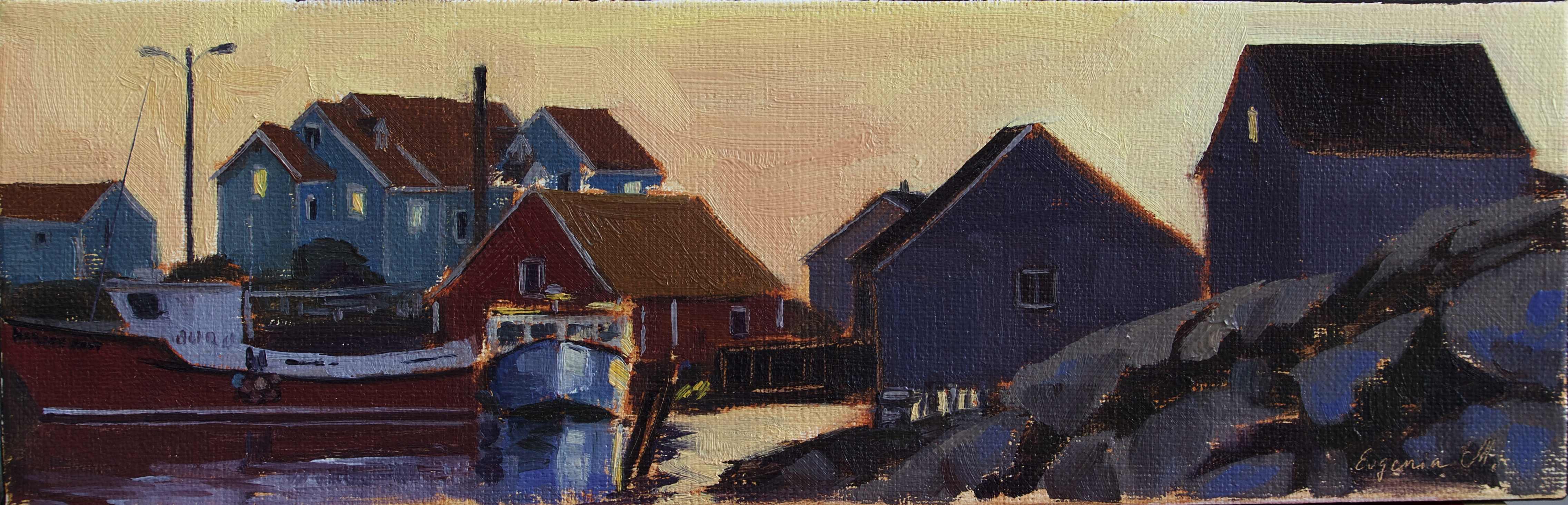 small painting of Peggy's cove harbour art sunset