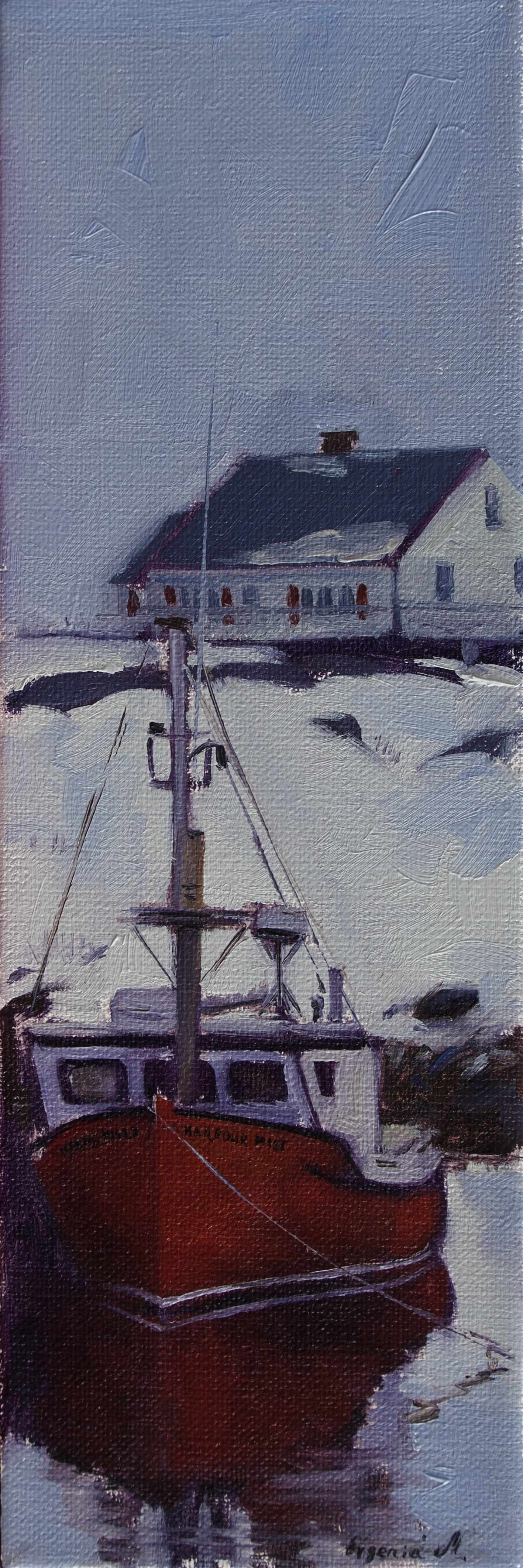 small oil painting of Harbour mist at Peggy's cove in snow