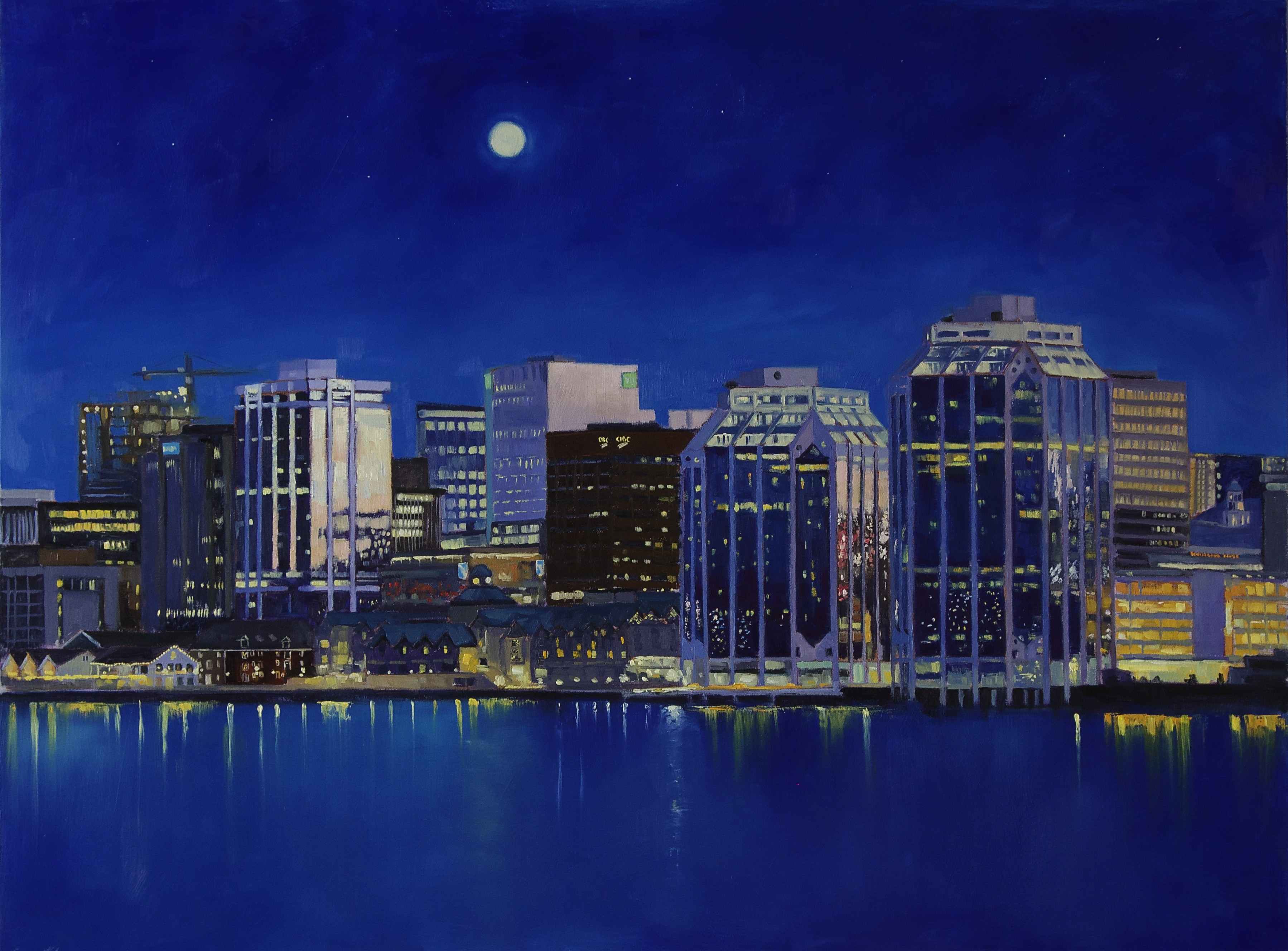 oil painting of night Halifax waterfront with moon