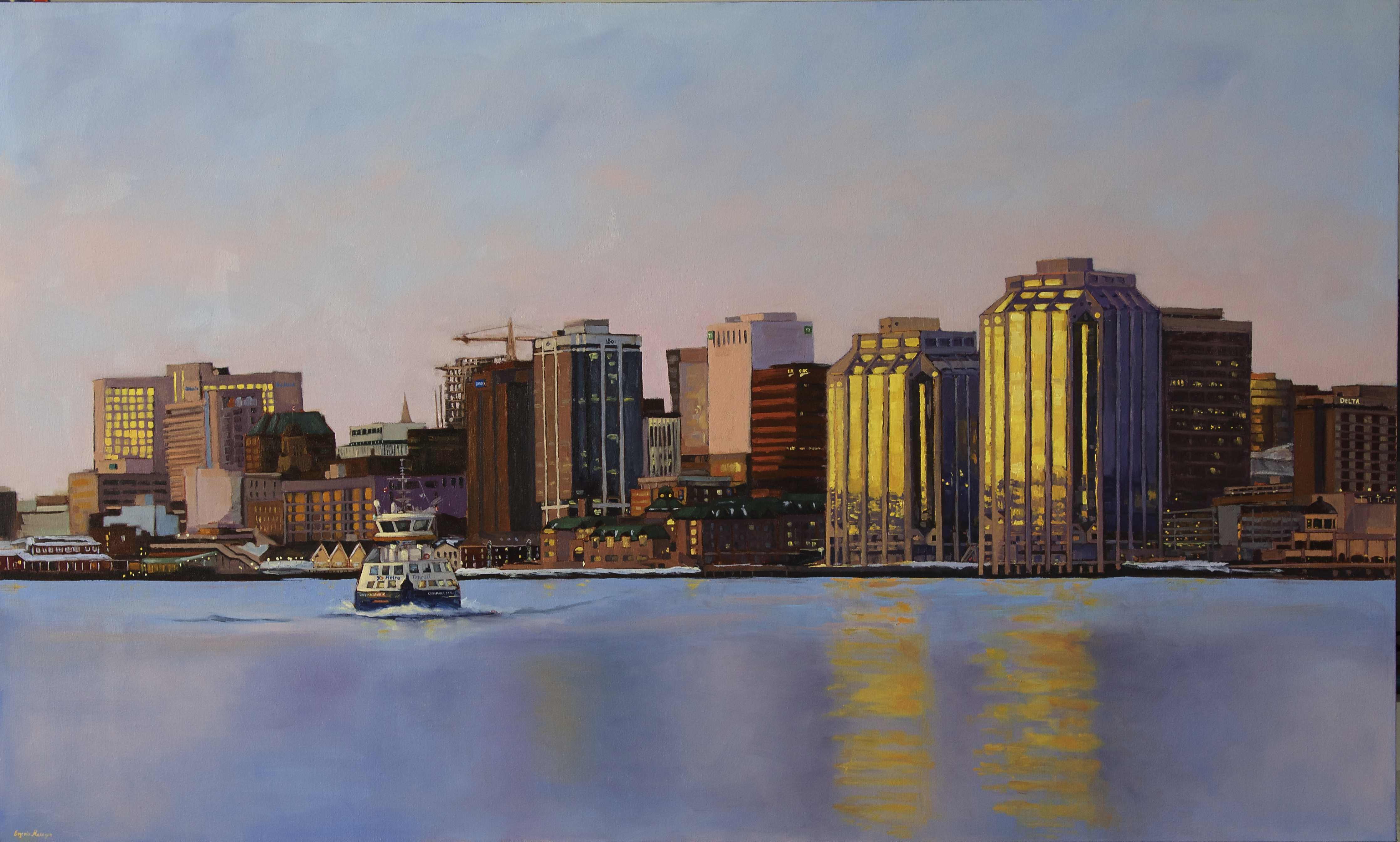 oil painting of Halifax waterfront and ferry at sunrise