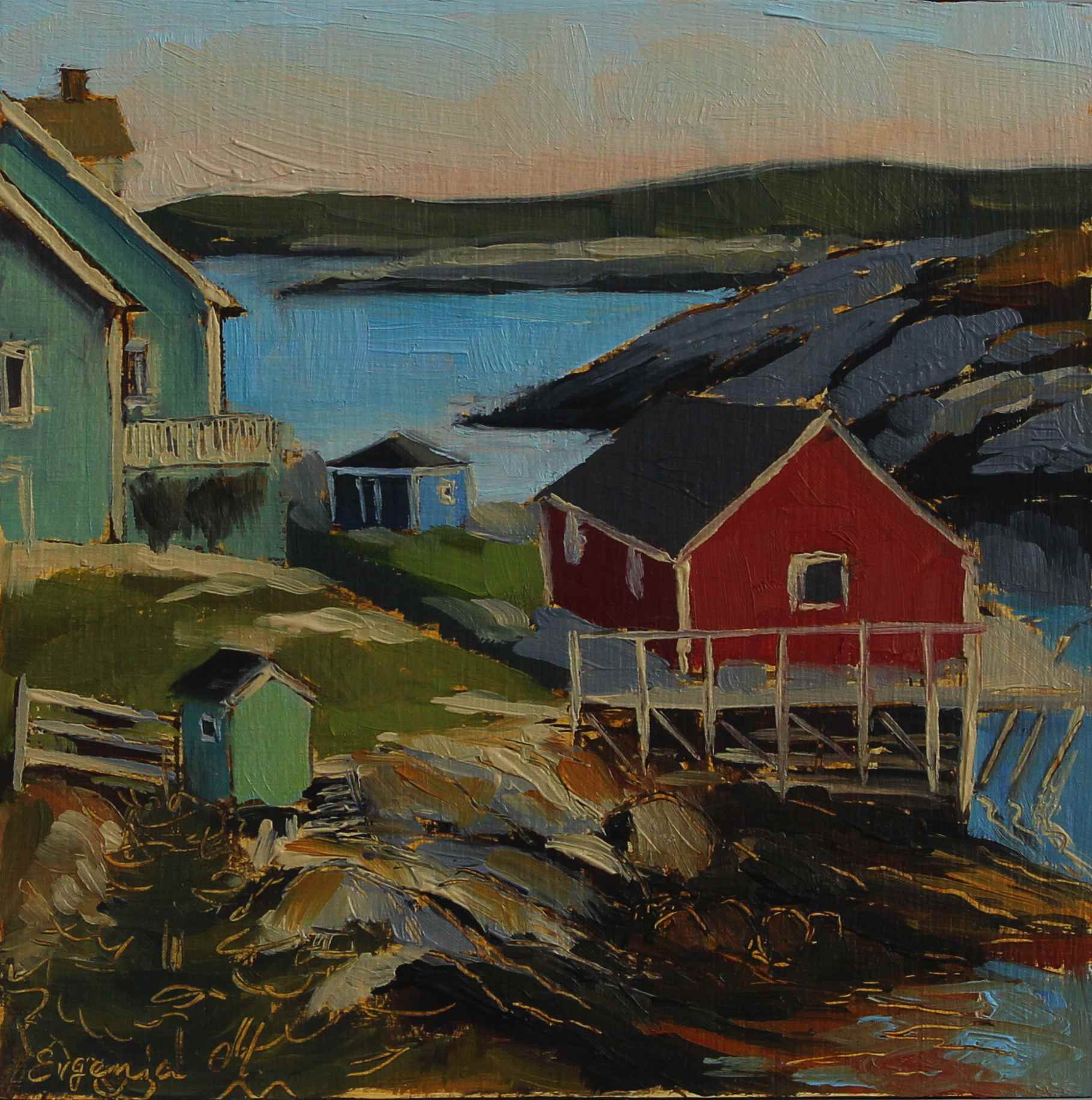 oil painting of red fish shack in Peggy's cove