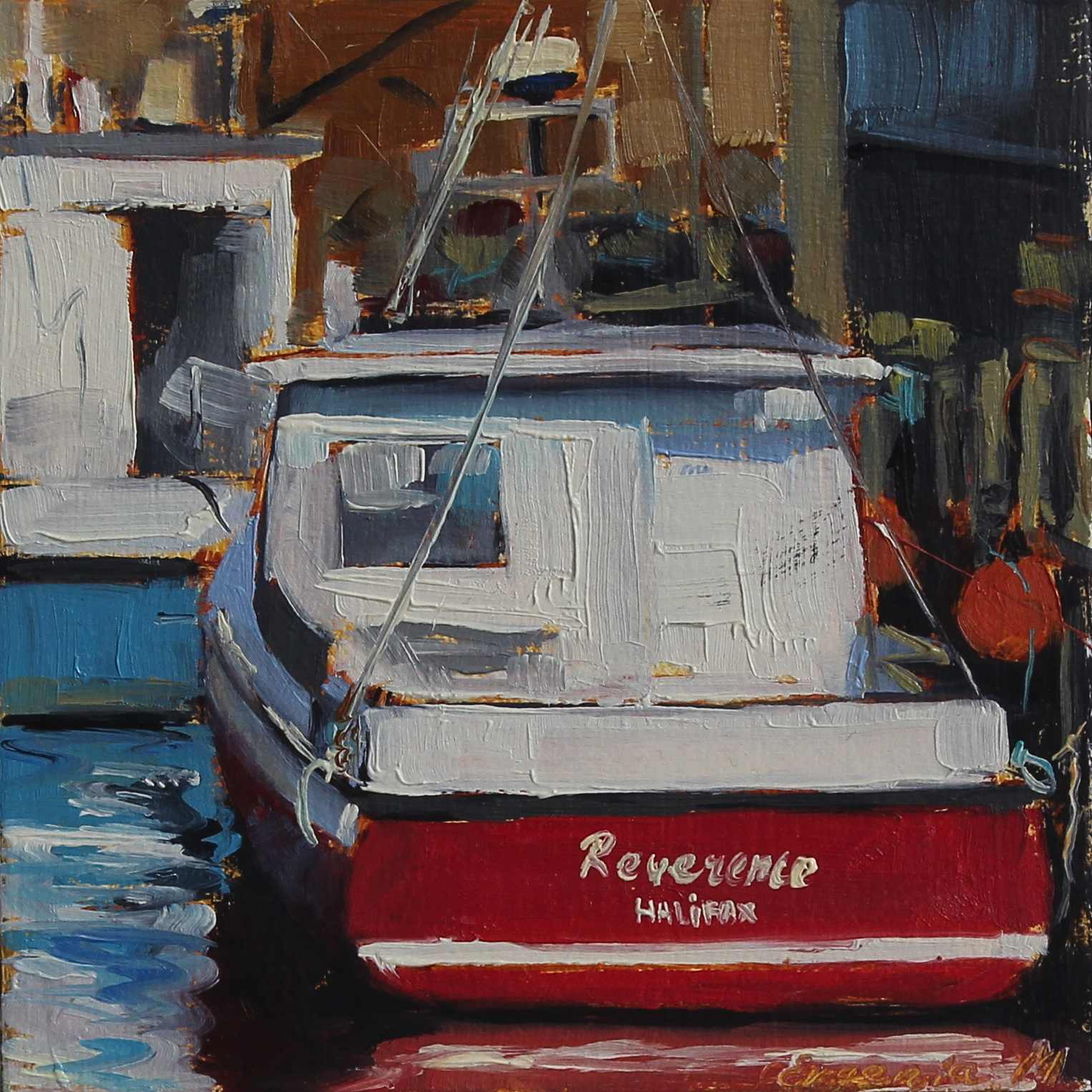 oil painting of red fishing boat in Peggy's cove