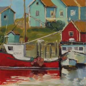 oil painting of red boat and red fish shack in Peggy's Cove