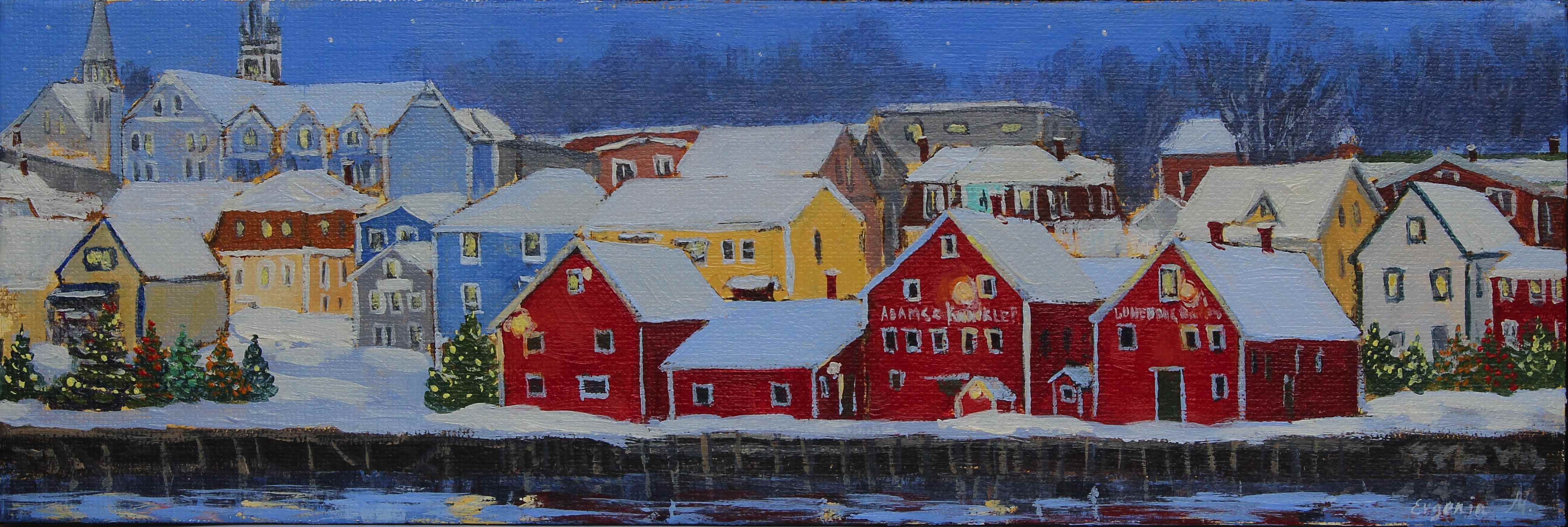 acrylic painting of Lunenburg town on Christmas Eve