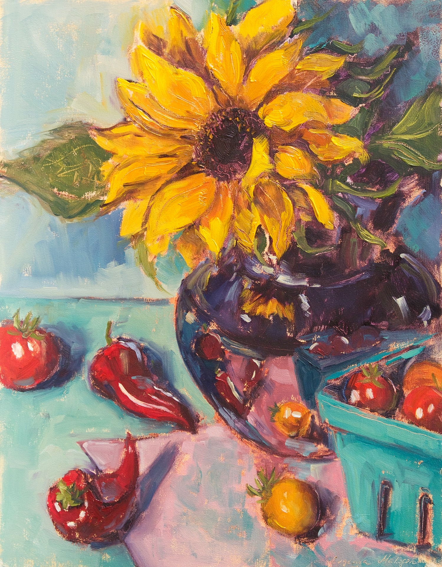 still life oil painting with red peppers, cherry tomatoes and sunflower