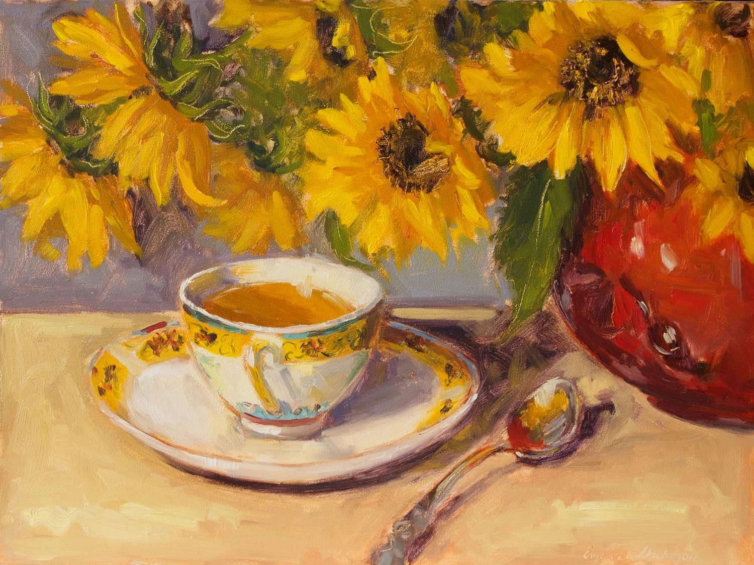 still life oil painting with sunflowers and cup of tea