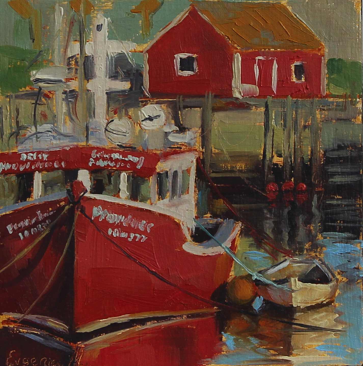 oil painting of the red fishing boat in Peggy's Cove