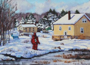 acrylic painting of winter landscape with yellow house
