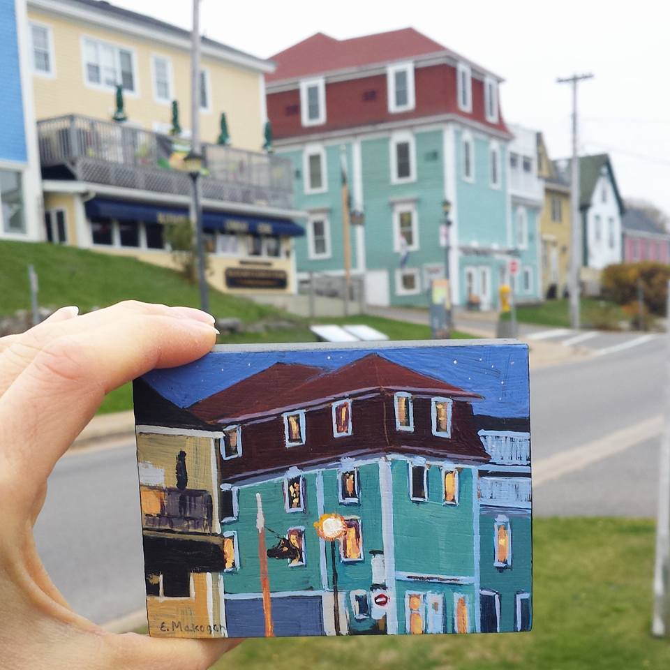 miniature painting of Lunenburg house at night
