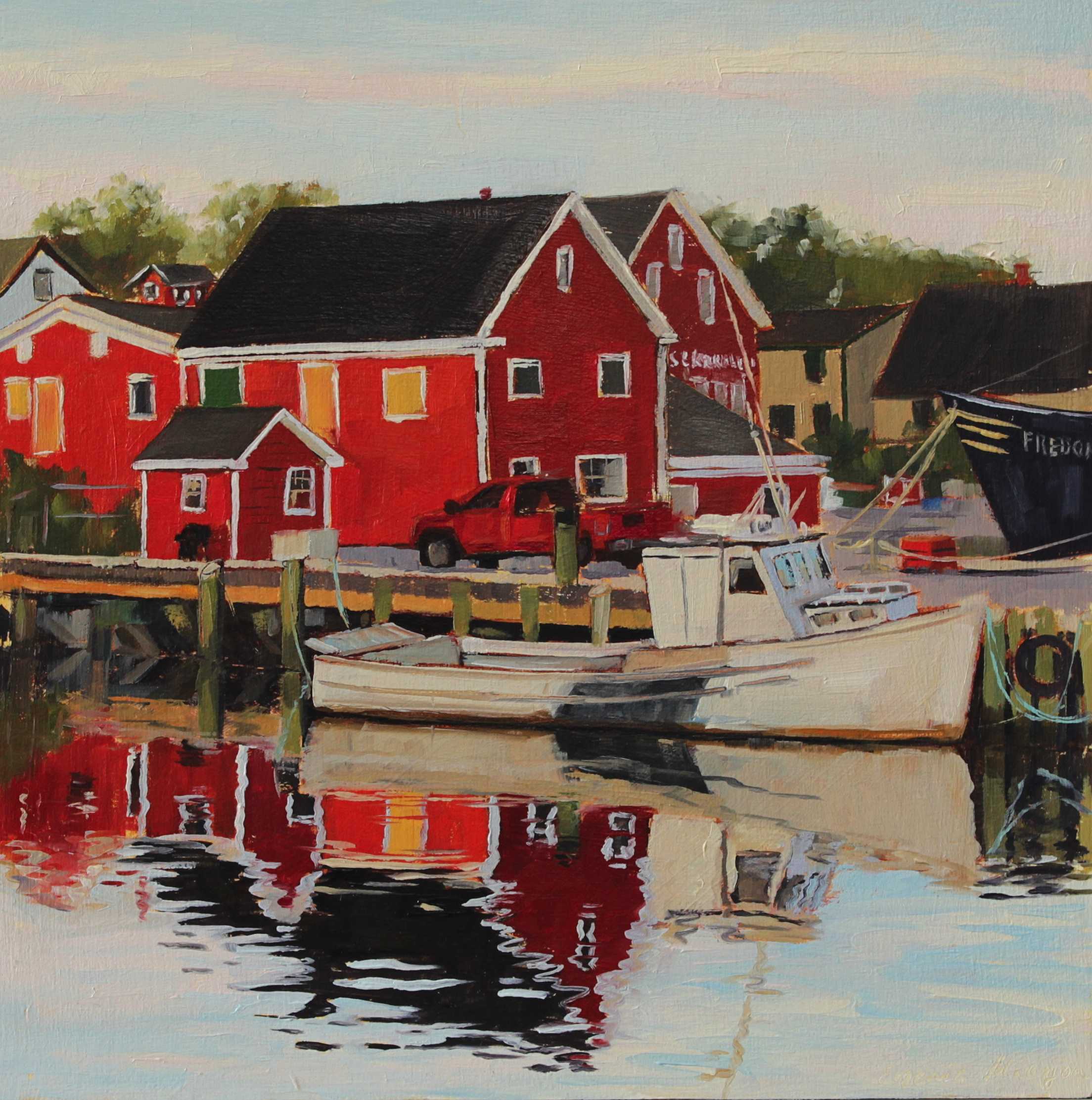 oil painting of Adams and knuckle and white boat in Lunenburg