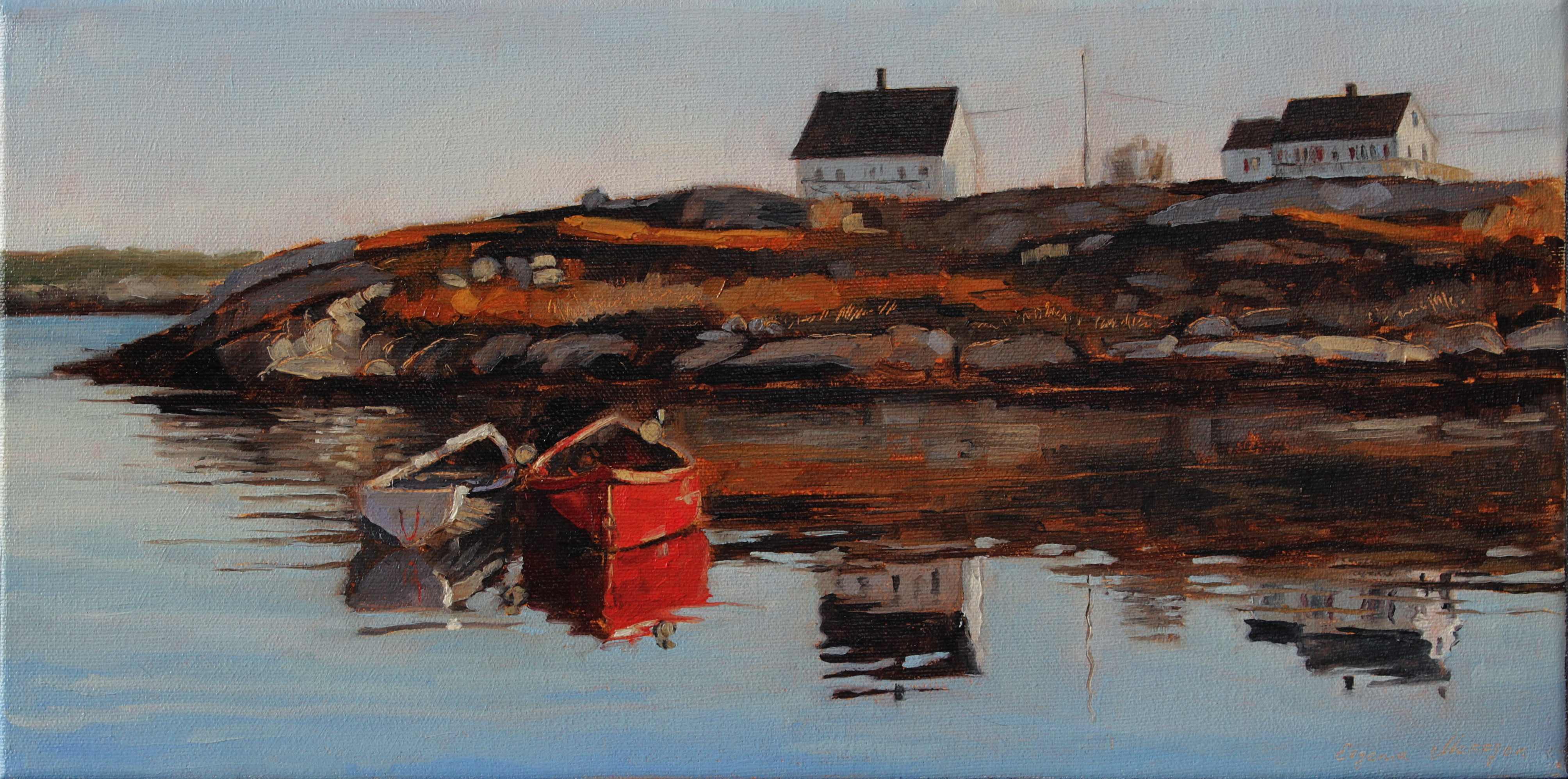 oil paining of 2 boats in Peggy's Cove