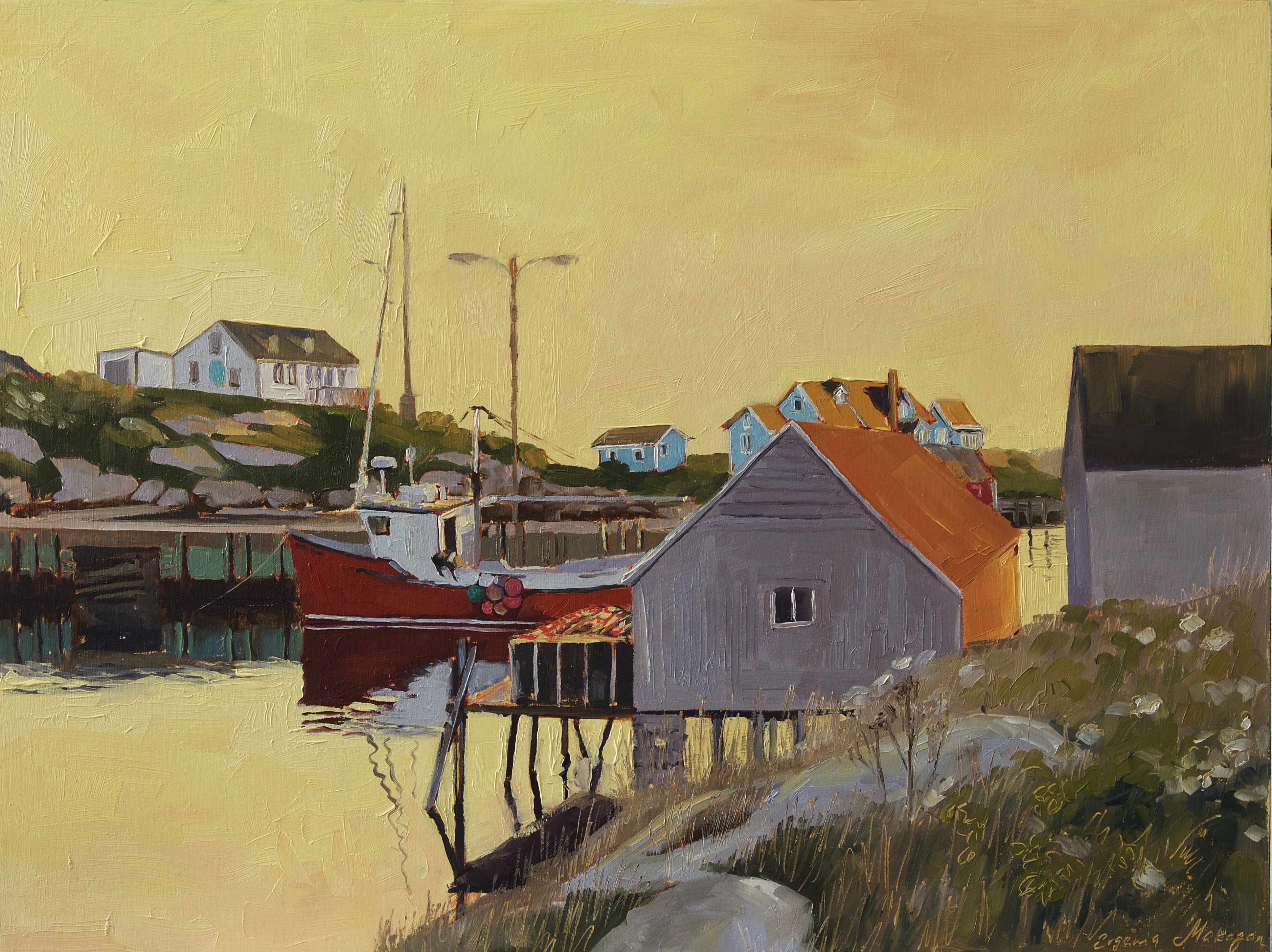 oil painting of Peggy's cove with golden sky