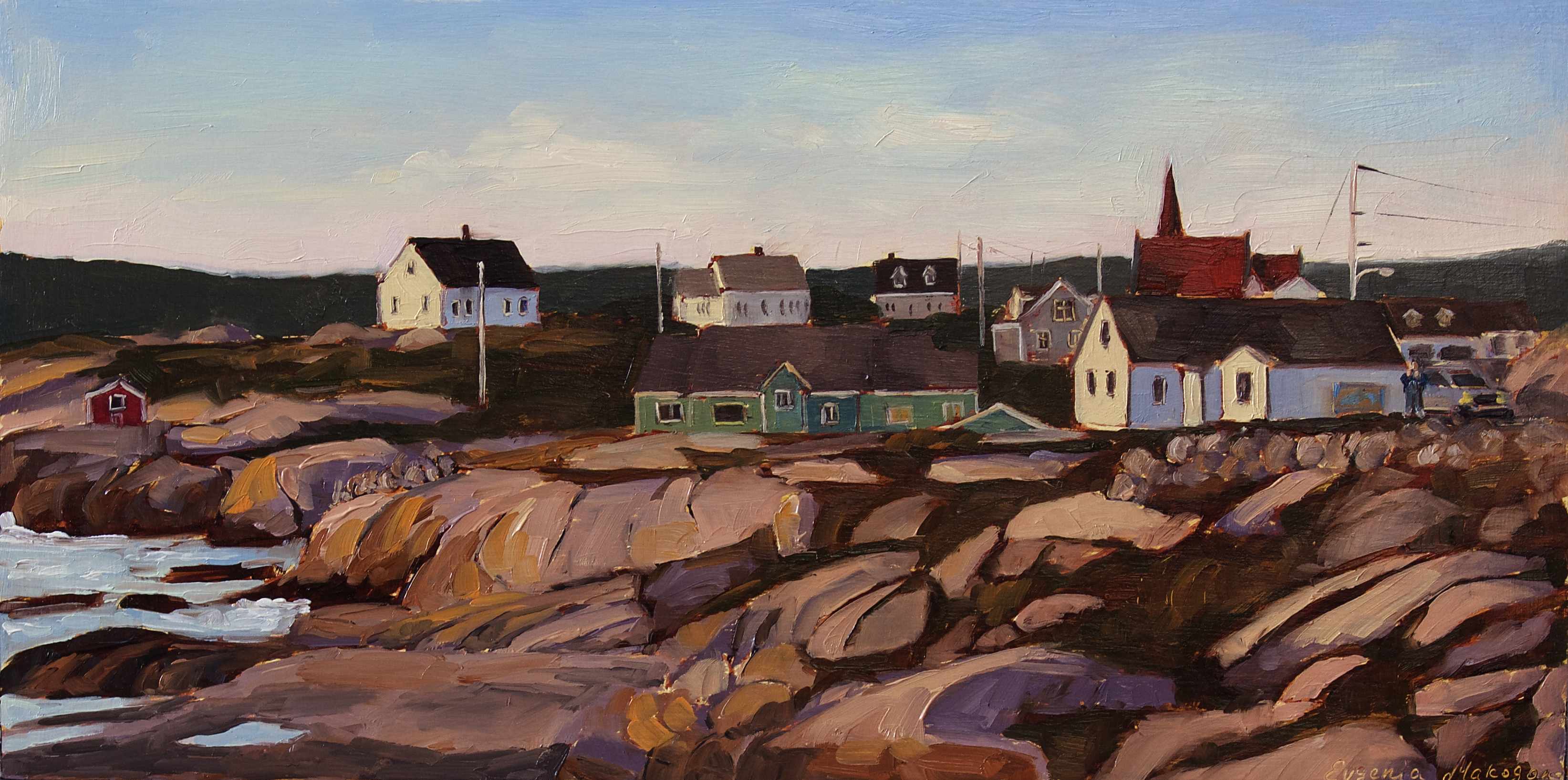 oil painting of Peggy's cove rocky shore at sunset
