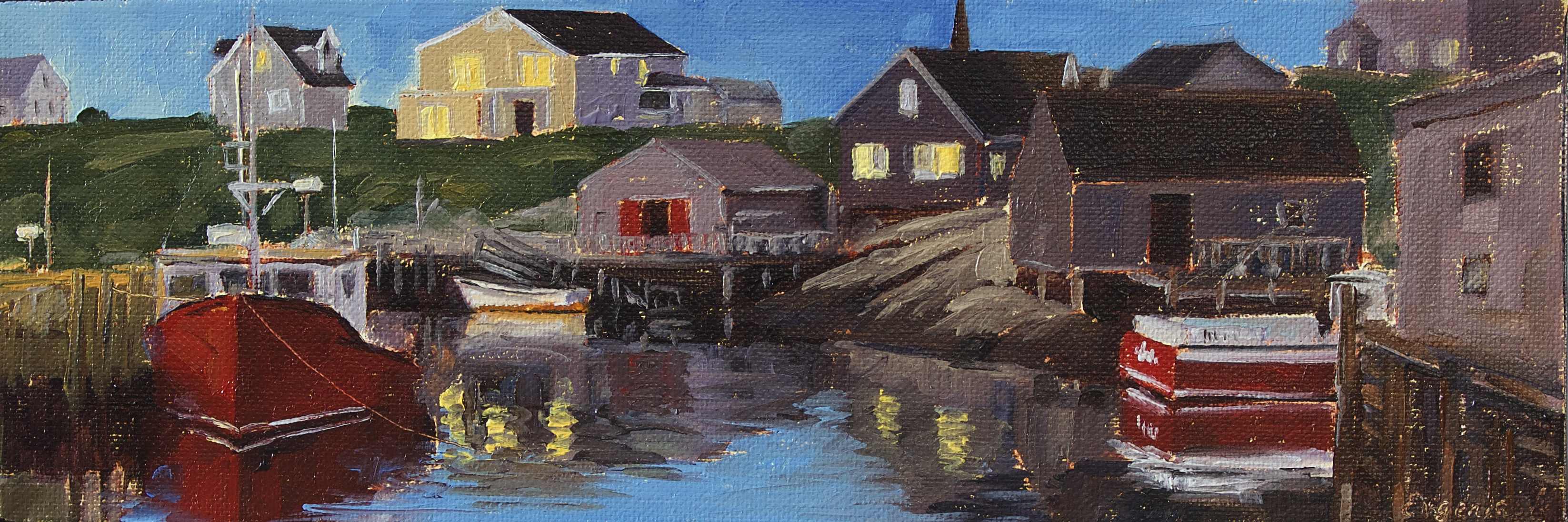 oil painting of Peggy's Cove village at night