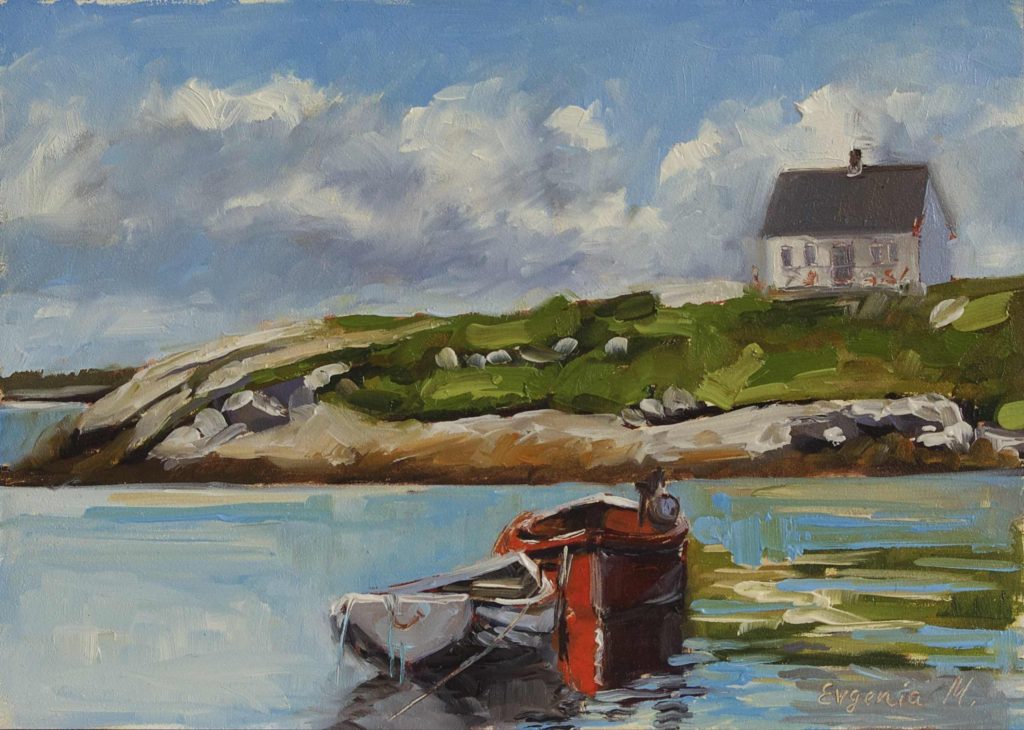 oil painting of two boats in Peggy's Cove Nova Scotia