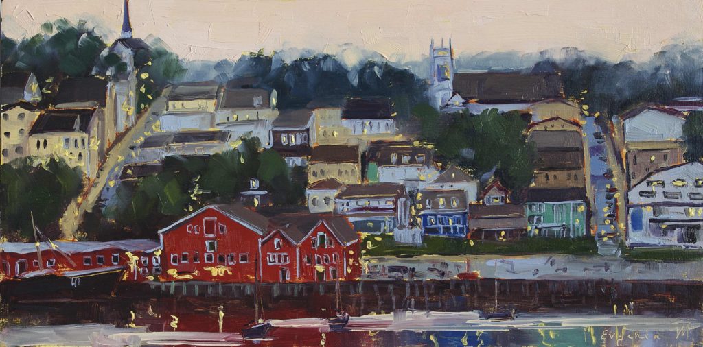 painting of red building in Lunenburg, Nova Scotia, maritime museum of Atlantic
