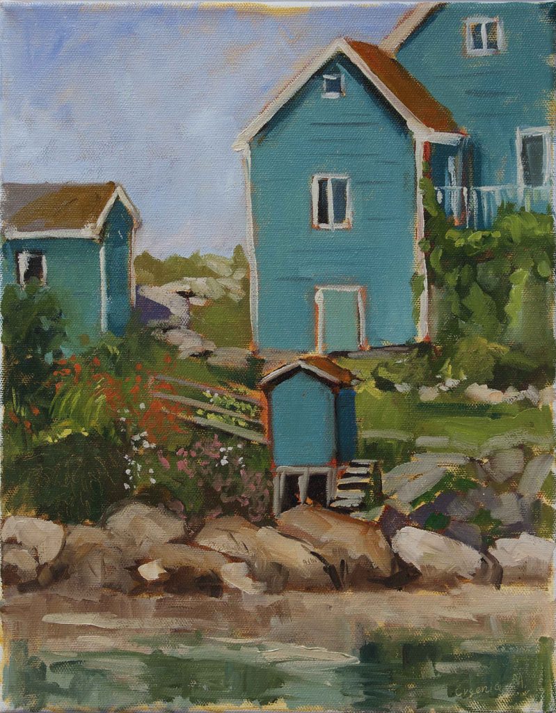 oil painting of green house in Peggy's Cove Nova Scotia